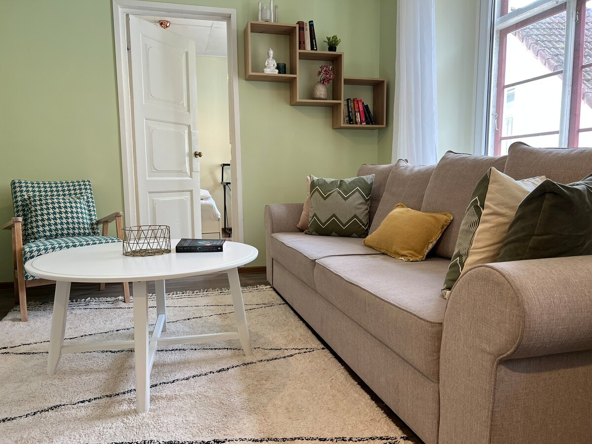 A light-filled living area includes a spacious sofa adorned with various cushions and a small white coffee table positioned on a textured area rug. A green patterned chair complements the decor, while a wall shelf displays books and decorative items, enhancing the cozy ambiance.