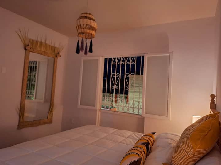 Amplia recámara con cama king size. ropa de cama, burós, lámparas de noche, ropero, ganchos. Baño privado en el cuarto (hay sólo un escalón para acceder al baño). Ventana con vista a la calle.