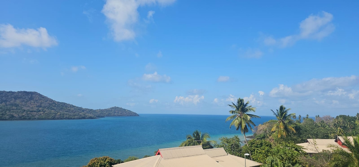 A panoramic view showcases the coastline and tranquil waters, with gentle waves reflecting the clear blue sky. Lush greenery and palm trees frame the scene, while the distant mountains add a natural backdrop. The vibrant colors create a serene and peaceful setting.