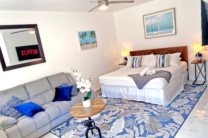 This 4th bedroom is a separate suite with its own entrance.  It has a king bed, a small kitchen and full bathroom.  Smart TV is also installed for your enjoyment