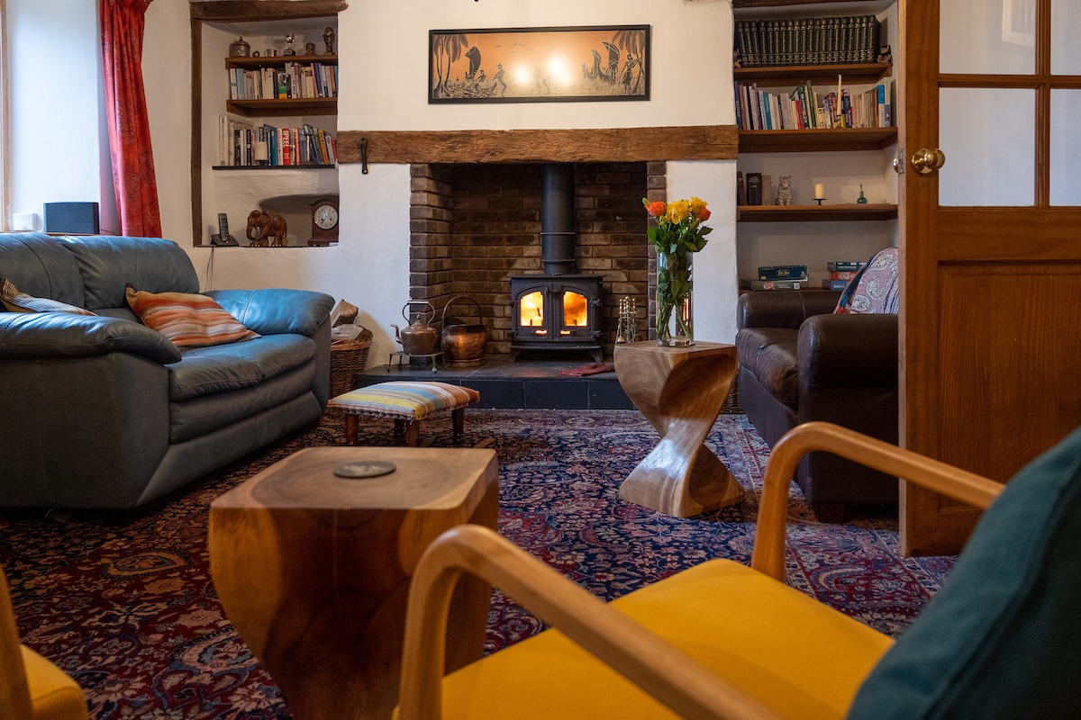 A cozy living room features a wooden beamed fireplace with a log burner, radiating warmth. Comfortable seating is arranged around a colorful rug, with a vase of flowers on a wooden table. Bookshelves line the walls, adding to the inviting ambiance.
