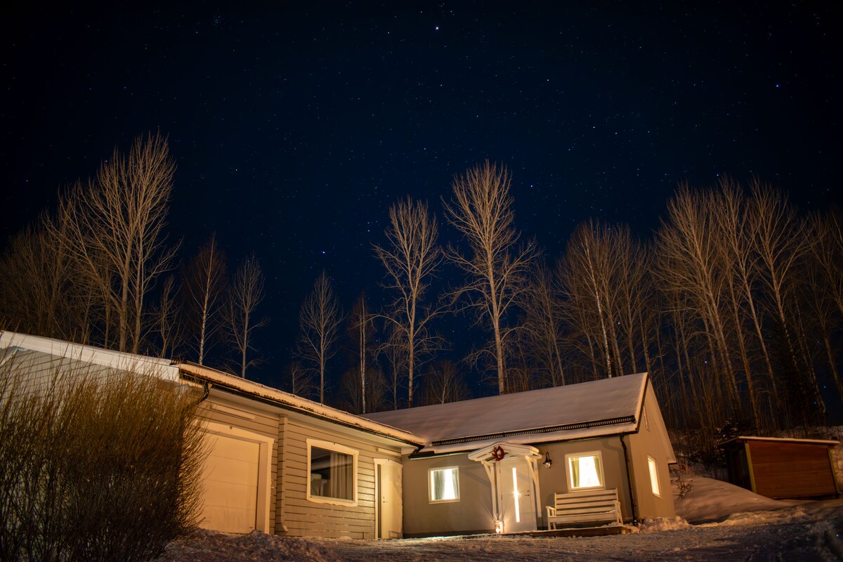 The guesthouse is illuminated under a starry night sky, surrounded by snow-covered ground and bare trees. Soft light spills from the windows, enhancing the inviting appearance of the home. The structure features a covered porch, providing a cozy entrance.