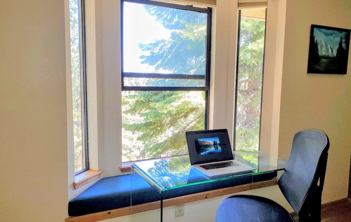 Work From Home at Your Elegant Glass Writing Desk and Fully Adjustable Webbed Rolling Office Chair while Overlooking Snow-Capped Mountain Ranges, Verdant Valleys, and Natl Forest from Your Bay Windows in Bedroom Suite 1 w Private Ensuite Full Bath.