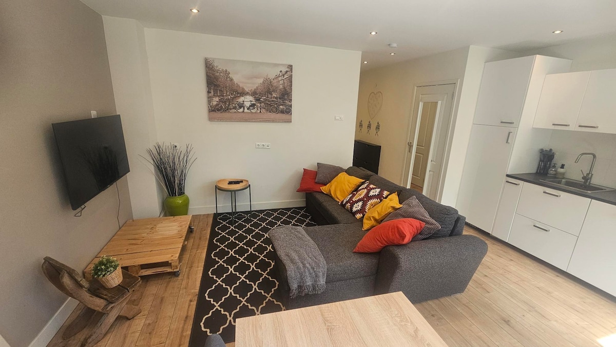 A living area features a comfortable grey sectional sofa adorned with orange and yellow pillows. A wooden coffee table sits on a patterned rug, with a large flat-screen TV mounted on the wall. A small green plant and decorative branches add a touch of greenery.