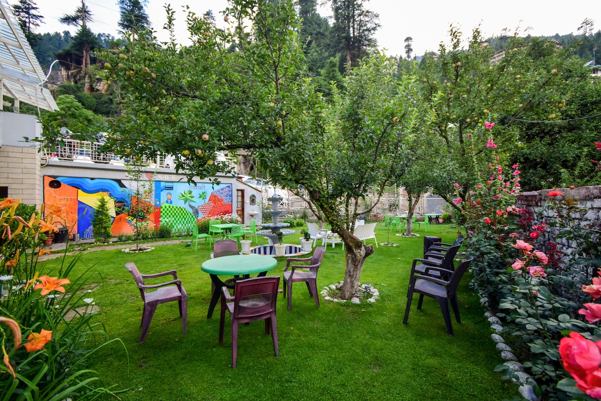 A vibrant garden space is filled with lush greenery, featuring flowering plants and fruit-bearing trees. Several tables and chairs are arranged thoughtfully on a well-maintained lawn, creating an inviting area for relaxation. Colorful murals can be seen on a nearby wall, adding artistic charm to the setting.