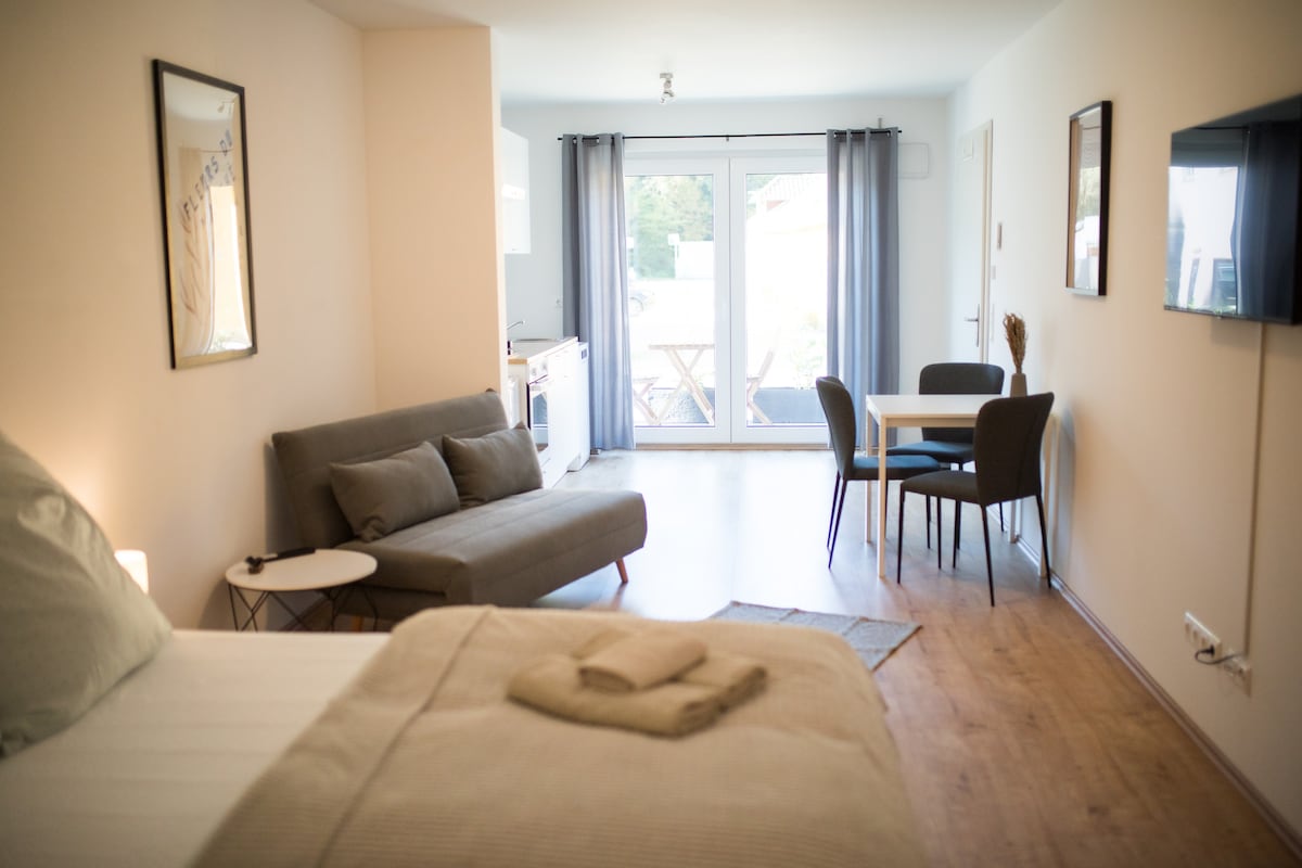The studio apartment features a spacious layout with a queen-sized bed and a gray sofa. A dining table with four chairs is visible, along with a kitchenette. Large sliding doors lead to a terrace, allowing natural light to fill the room, complimented by light-colored walls.