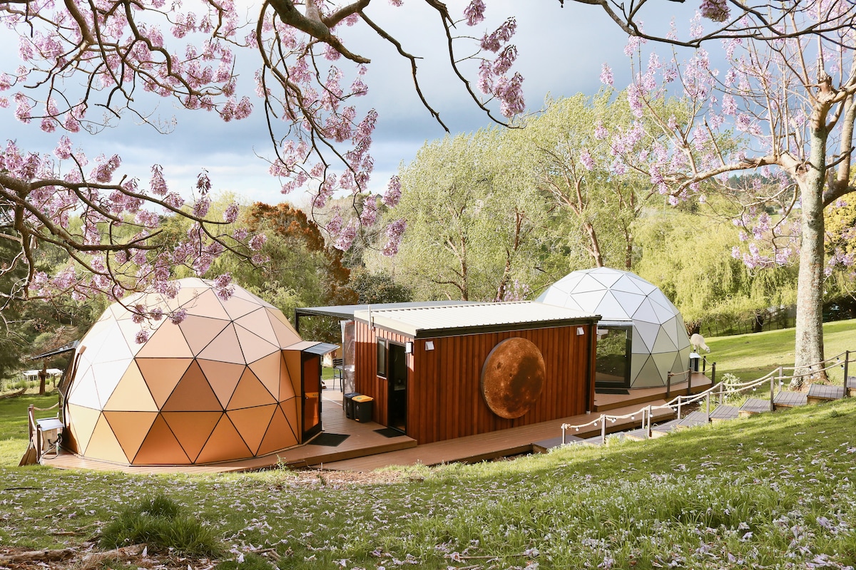 Two distinct geodesic domes are set within a lush garden, surrounded by blooming trees and soft green grass. One dome features a golden exterior, while the other is white. A shared outdoor area includes a wooden deck, enhancing the serene outdoor atmosphere.