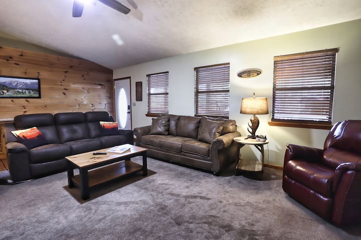Our brown couch pulls out into a queen sofa bed!