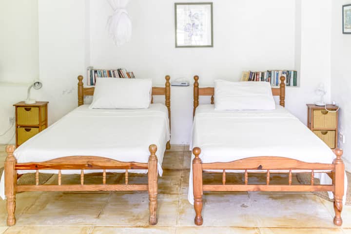 Spacious private bedroom with two twin beds and a private entrance from the patio. Enjoy views of our fruit trees and the peaceful ravine through screened windows. Mosquito nets available by request.Screened windows, ceiling and pedestal fans. 