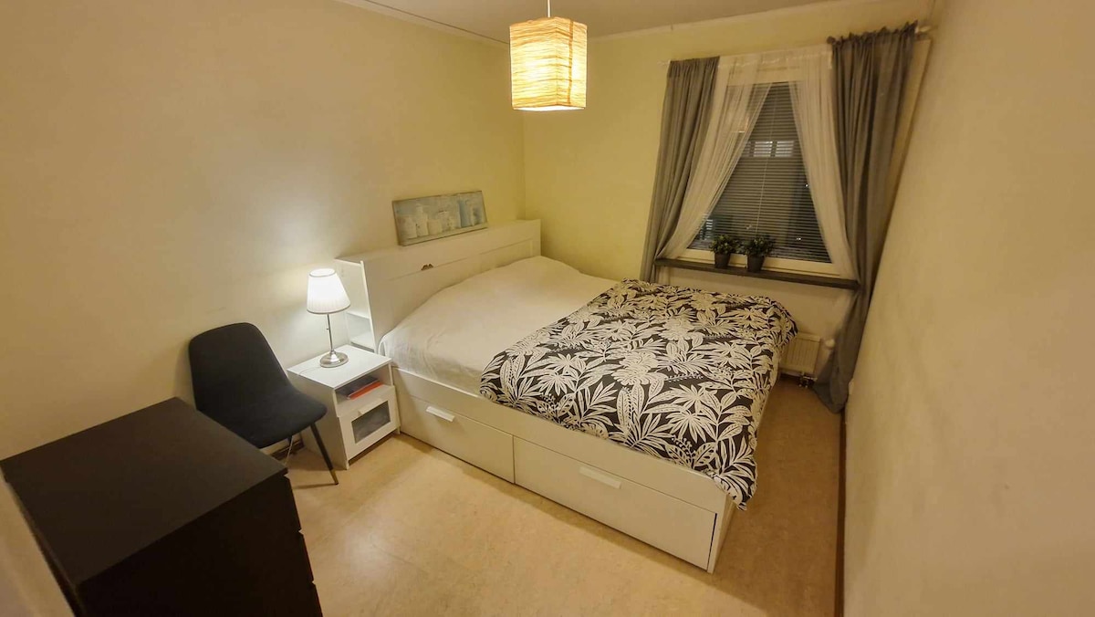 A cozy bedroom features a spacious bed with a floral-patterned blanket. A bedside lamp and a chair are situated next to the bed. Natural light enters through curtains at the window, complemented by indoor plants on the sill. A dark cabinet is visible in the corner.