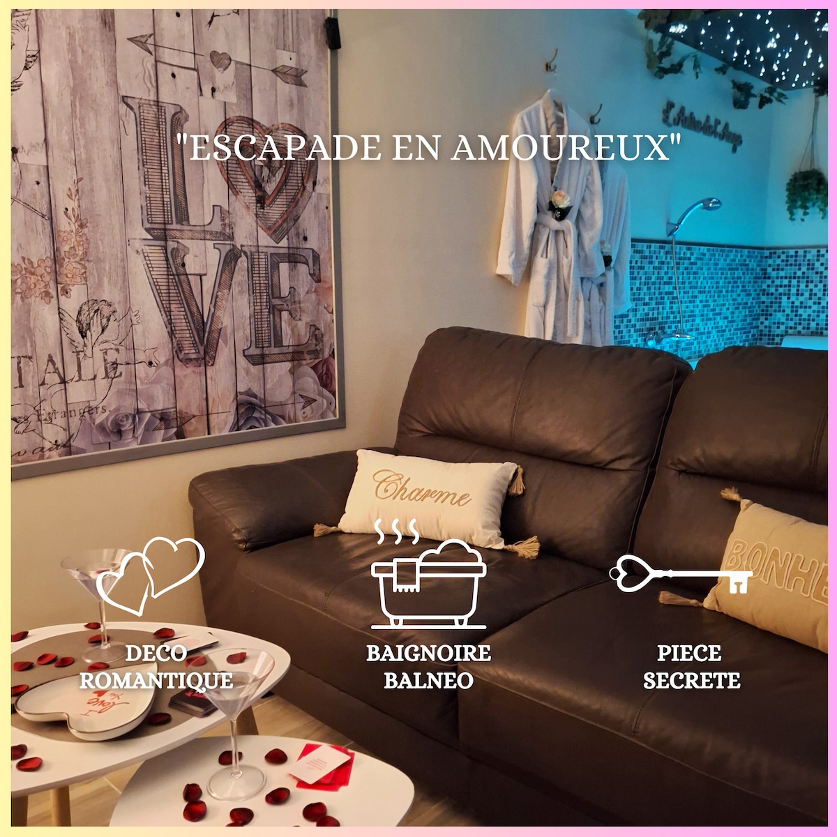 A cozy seating area features a leather sofa adorned with cushions. A romantic decor piece is displayed on the wall, complemented by soft lighting. Nearby, a private area is suggested for intimate moments, and a hint of a hydrotherapy bathtub can be seen in the background.