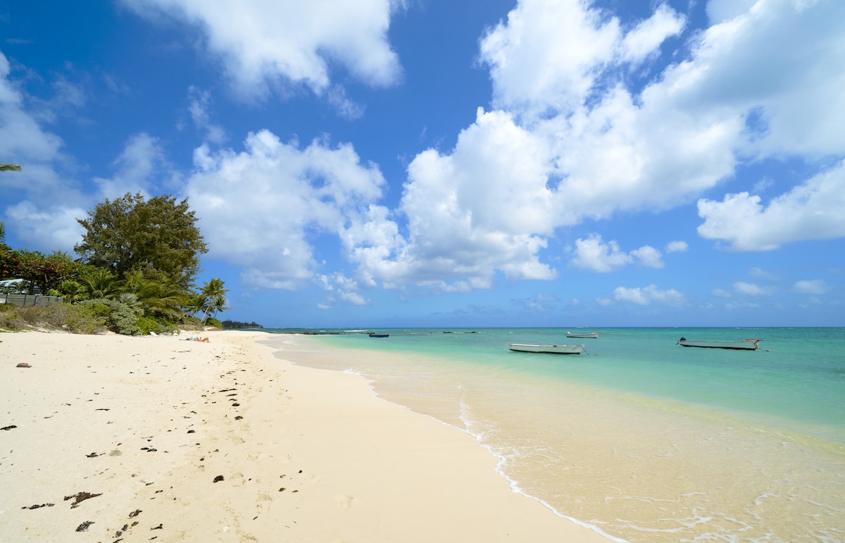 A serene beach scene features soft, golden sand gently meeting clear turquoise waters. A few boats float peacefully in the water under a bright blue sky dotted with fluffy white clouds. Lush greenery lines the beach, enhancing the natural setting.