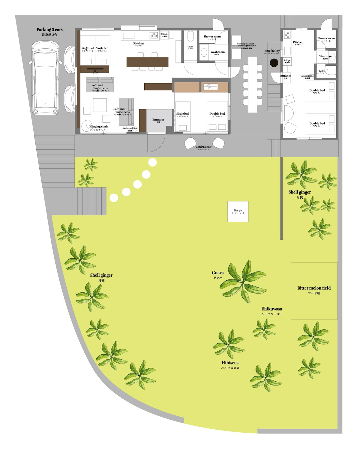 A detailed layout of the property is displayed, featuring a spacious garden area with labeled zones including a BBQ area, guest rooms, and a parking space. Pathways are shown leading to various outdoor features, providing a clear view of the layout's functionality and accessibility.
