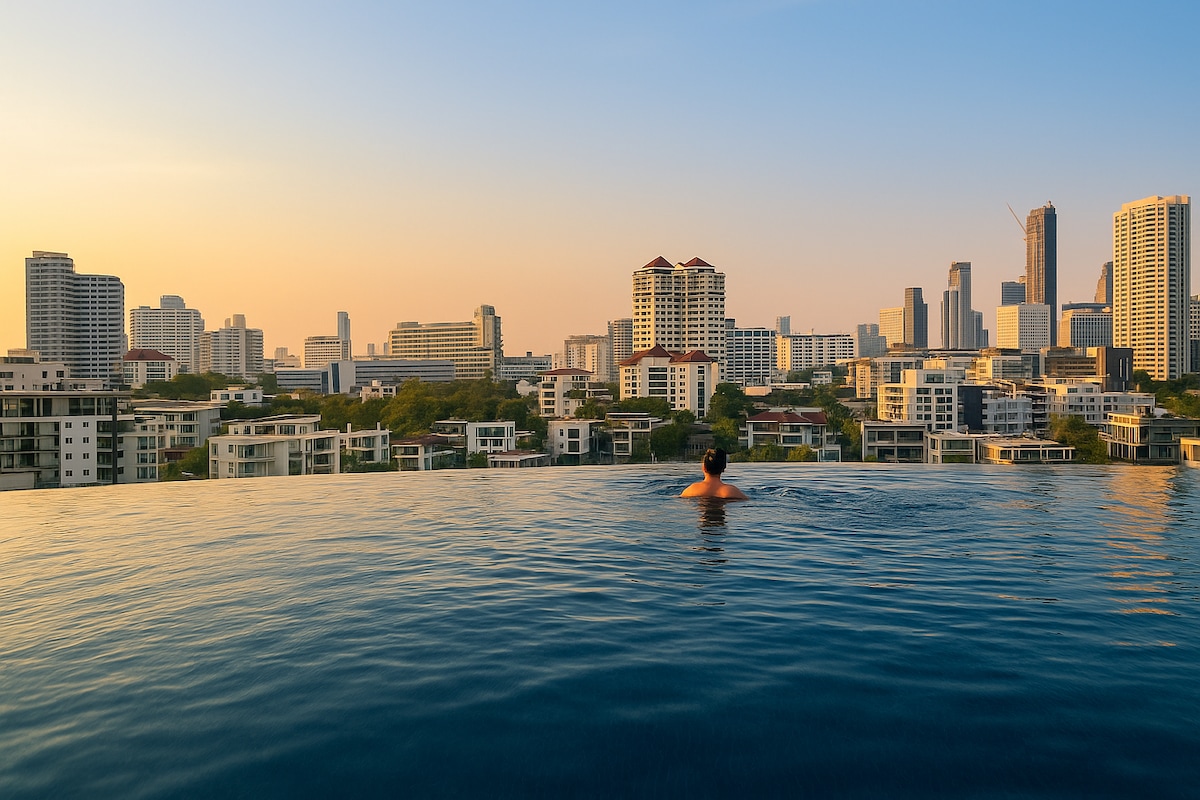 An expansive infinity pool offers stunning views of the Bangkok skyline at sunset. The water reflects warm hues while a guest enjoys a serene swim. Surrounding modern buildings create an urban backdrop against the colorful sky.