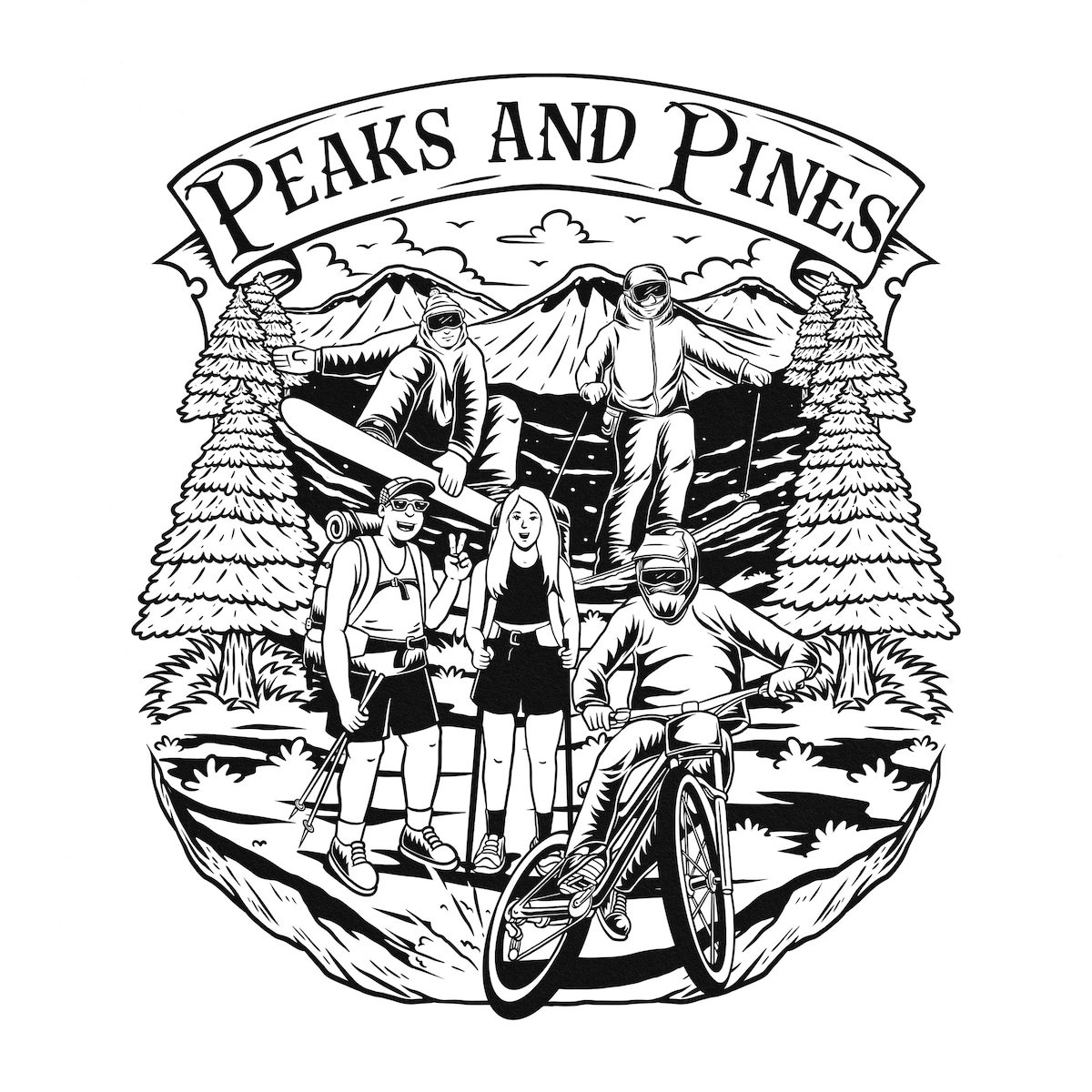An artistic illustration showcases a group of individuals engaging in outdoor activities near mountains and pine trees. A snowboarder, a biker, and hikers are depicted, representing the adventurous spirit of Peaks and Pines. The scene captures the essence of exploration in nature.