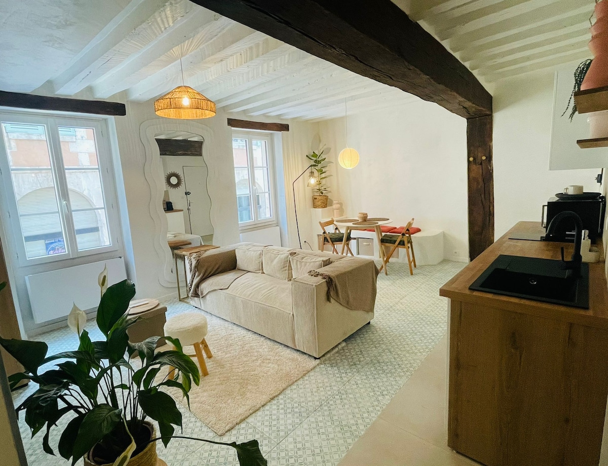 A spacious studio features exposed wooden beams and a light, airy atmosphere. A comfortable sofa sits on a soft area rug, while a dining table with chairs is positioned nearby. Natural elements and soft furnishings create a cozy environment, complemented by large windows allowing ample daylight.