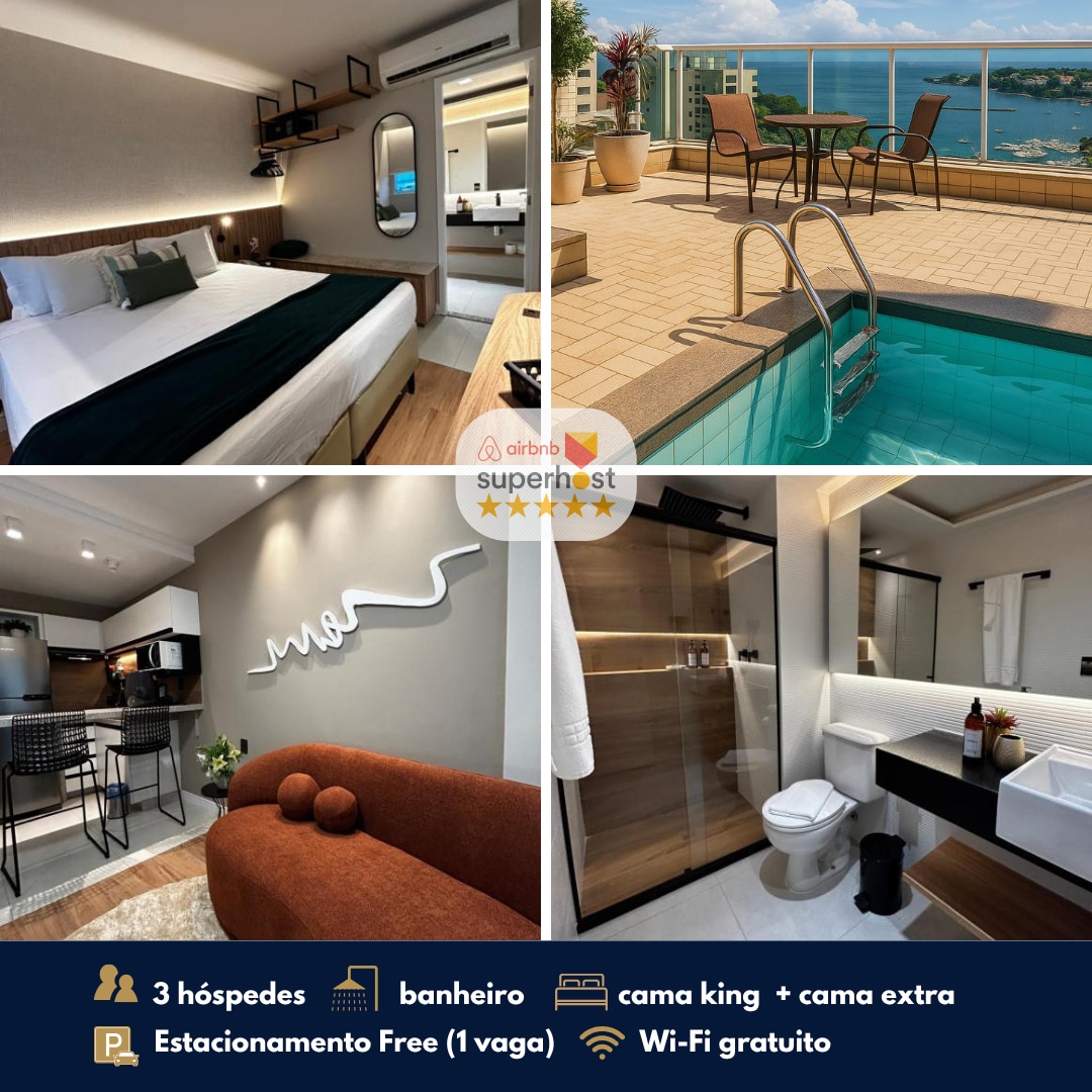 A modern flat features a spacious bedroom with a king bed and complementary decor. A rooftop pool is visible, offering views of the surrounding area. The image also includes a well-equipped bathroom and a dining area with a minimalist style.