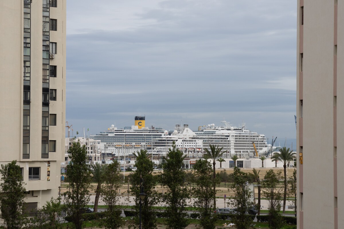 The view from the apartment showcases a large cruise ship docked in the harbor, framed by palm trees and urban buildings. The cloudy sky adds a serene backdrop, while the waterfront area is visible in the foreground, providing a glimpse of the vibrant coastal life.