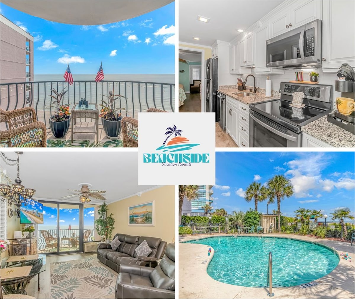A well-furnished balcony offers ocean views with seating and potted plants. The kitchen is equipped with modern appliances and granite countertops. A comfortable living area features cozy seating and ocean-facing windows, while a pool area surrounded by lush landscaping is visible outside.