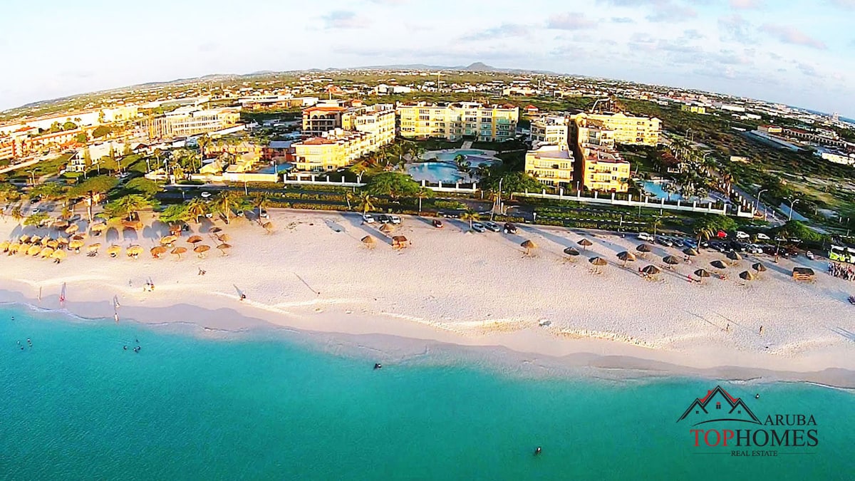 An aerial view captures a serene beach scene with soft white sand lined by gentle waves. Umbrellas dot the shoreline, while the coastline is adorned with beachfront buildings and lush greenery in the background, illustrating a tranquil atmosphere typical of this Caribbean location.
