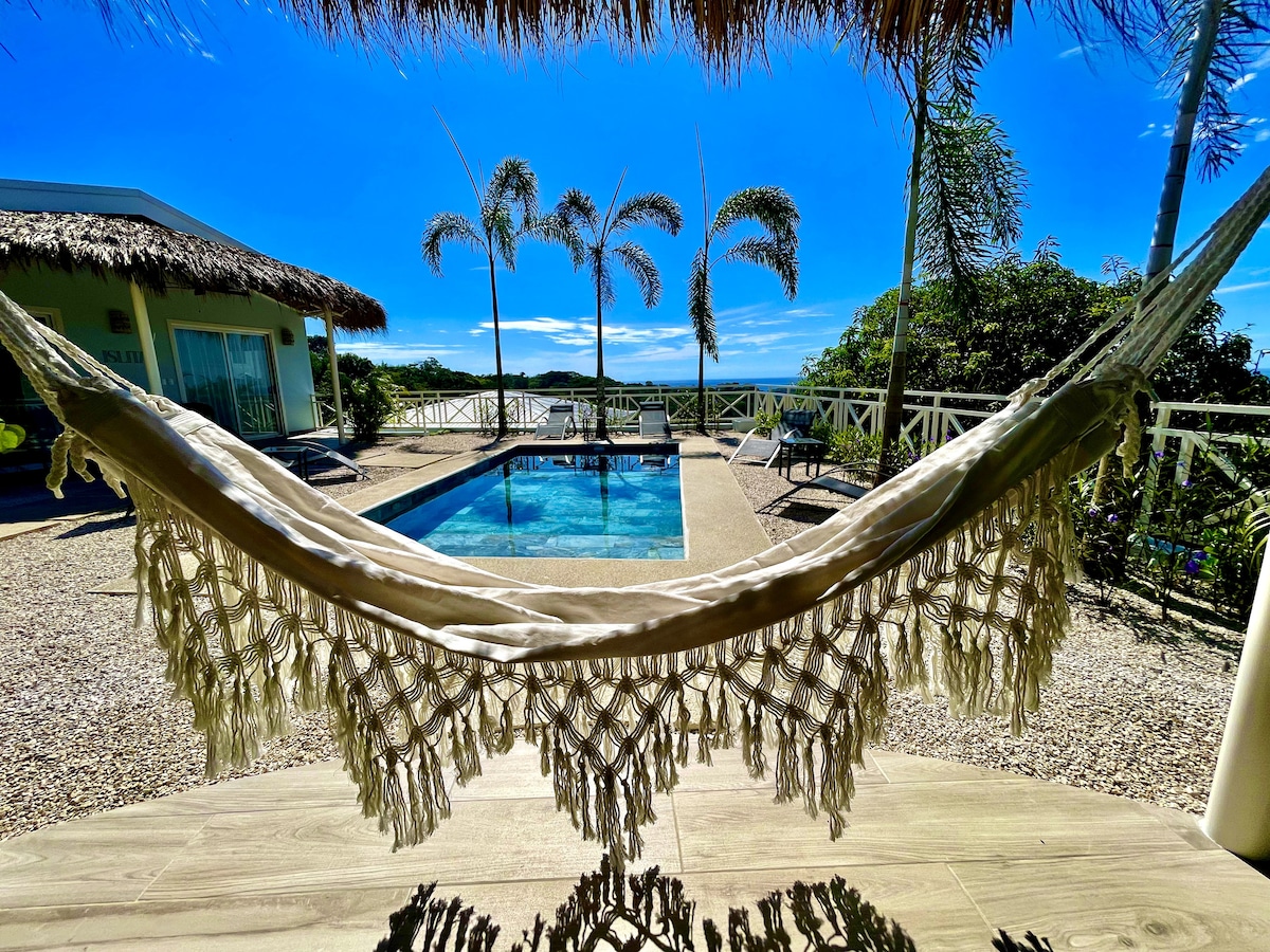 A hammock is suspended in the foreground, offering a view of a sparkling pool surrounded by palm trees. Beyond the pool, the ocean is visible under a clear blue sky, creating a serene outdoor space for relaxation.