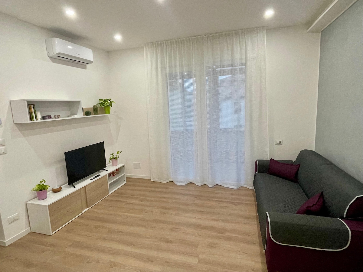 A bright living area features a comfortable sofa with decorative cushions and a small television stand with plants. Natural light filters through sheer curtains covering a window, enhancing the space's airy feel. The flooring is light wood, complemented by a neutral color scheme on the walls.