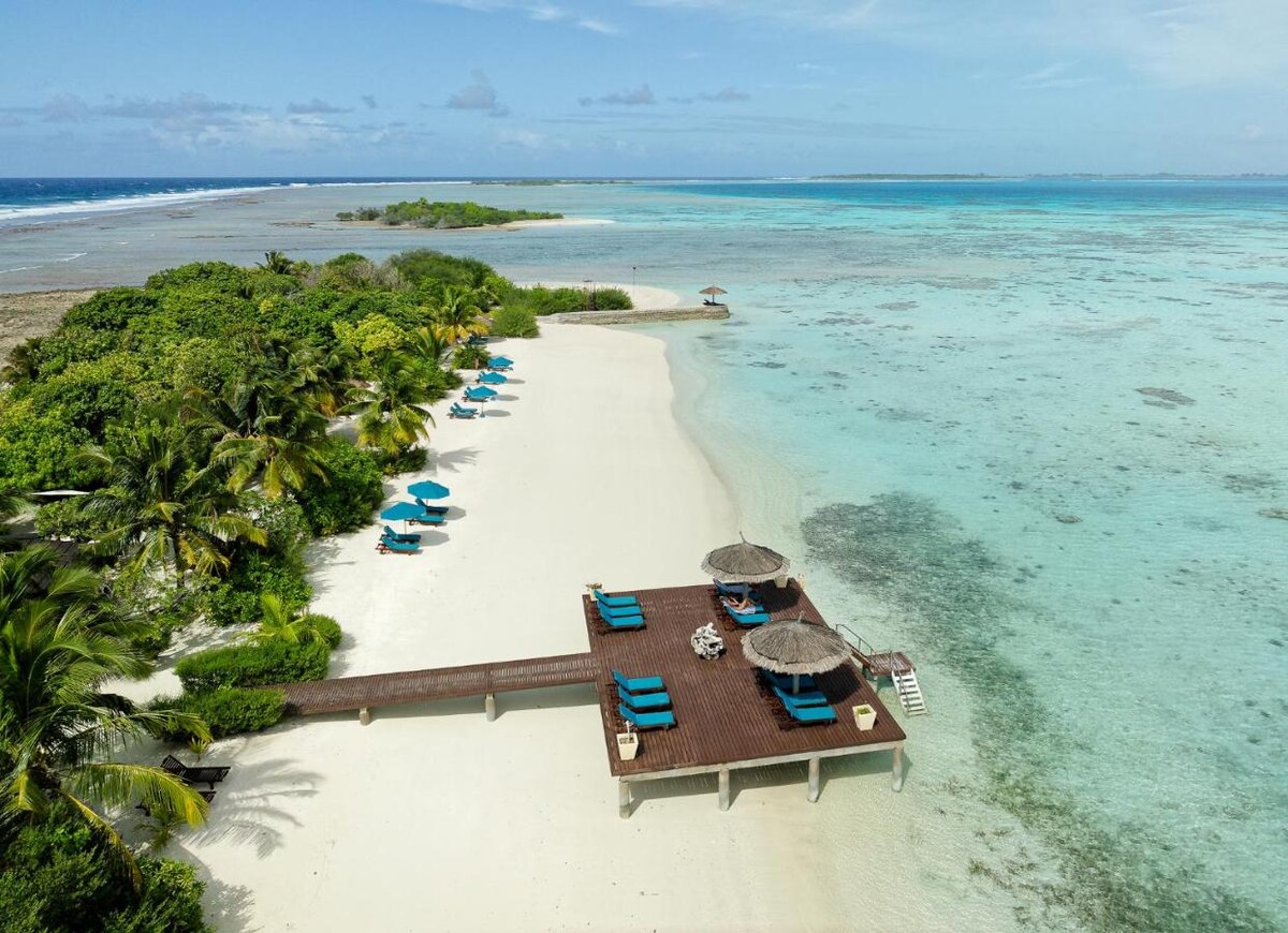 An aerial view captures a serene beach setting with soft, white sand and turquoise waters. Lounge chairs with umbrellas are positioned on a wooden deck, complemented by palm trees lining the shore. The tranquility of the private surroundings highlights the natural beauty of the area.