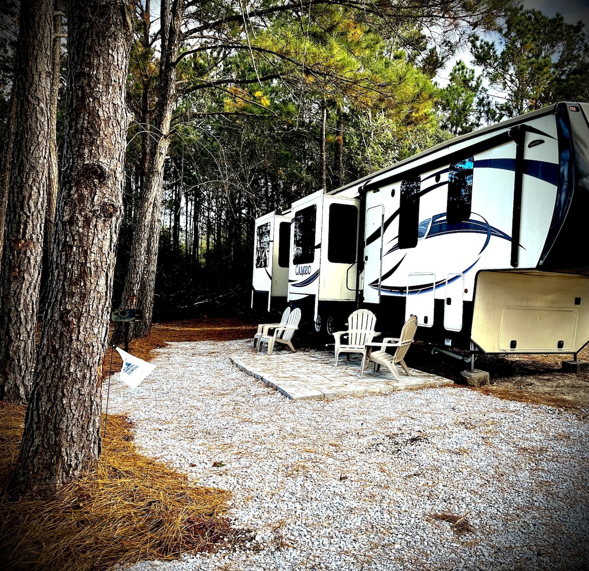 The RV is positioned among tall pine trees on a gravel site. Two Adirondack chairs are placed on a small stone patio, providing a cozy spot for outdoor relaxation. Natural sunlight filters through the trees, enhancing the serene environment.