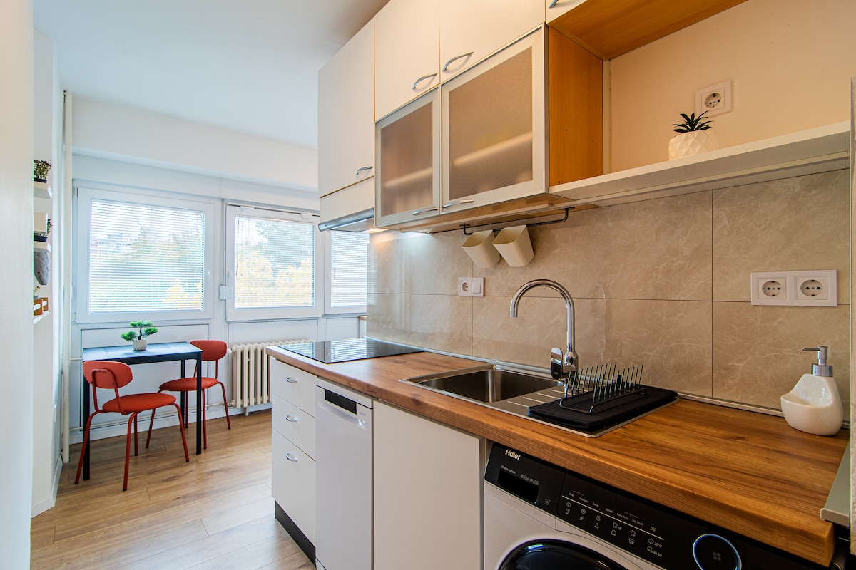 A functional kitchen area is showcased, featuring modern cabinetry and a wooden countertop. A washing machine is integrated beneath the counter. A small dining table with two red chairs is positioned near a window, allowing natural light to illuminate the space.