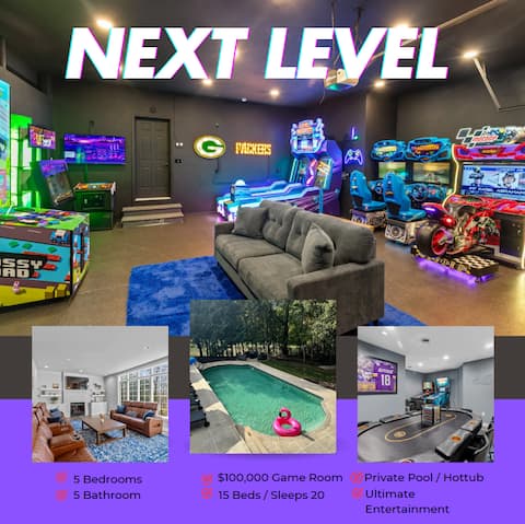 Next Level~100K Game Room~ Sleeps 20~ Pool~Spa