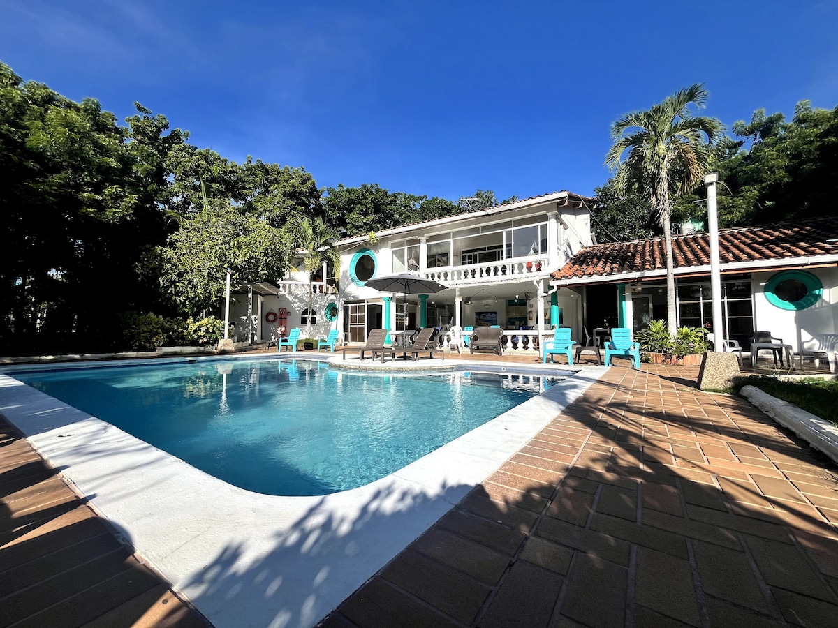 An outdoor area features a large pool surrounded by a deck with lounge chairs. The two-story house is seen in the background, showcasing vibrant turquoise accents and a well-maintained garden. Palm trees provide natural shade, enhancing the spacious environment.