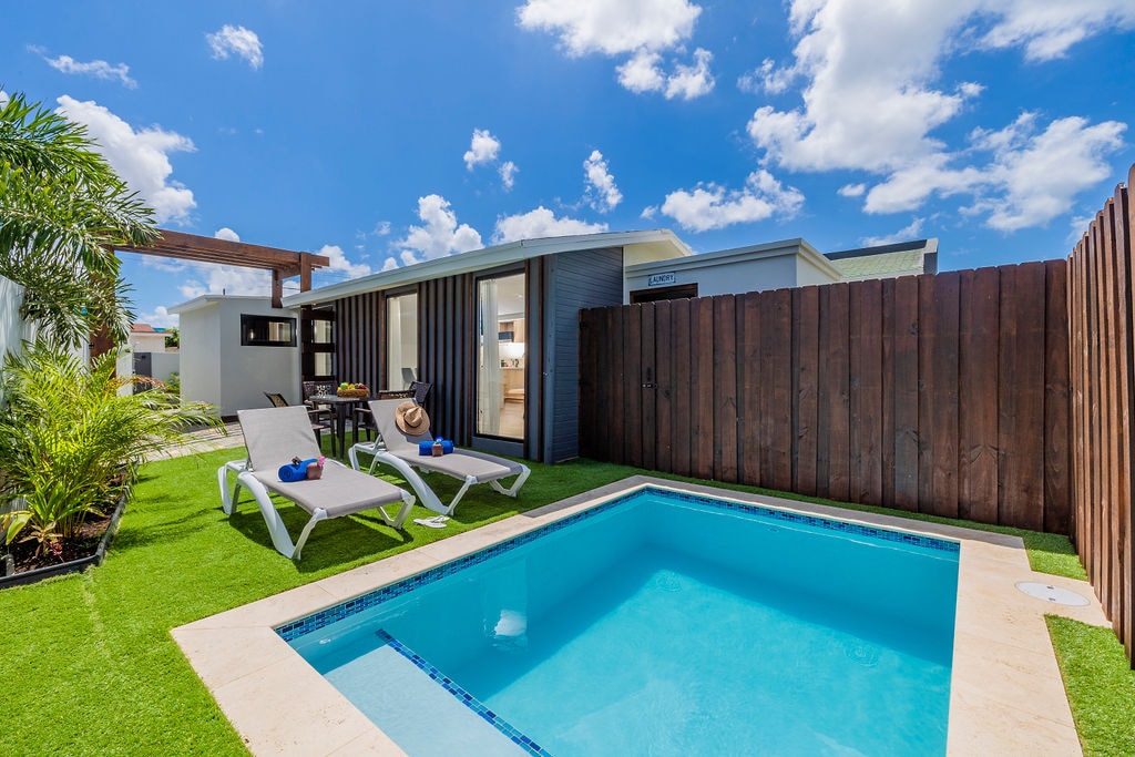 A private plunge pool is surrounded by green grass and sun loungers, creating a serene outdoor space. The cabin is visible in the background, complemented by clear skies and fluffy clouds, inviting relaxation and leisure.