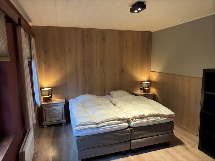 Dormitorio con 2 camas de somier, baño cerrado con ducha y lavabo.