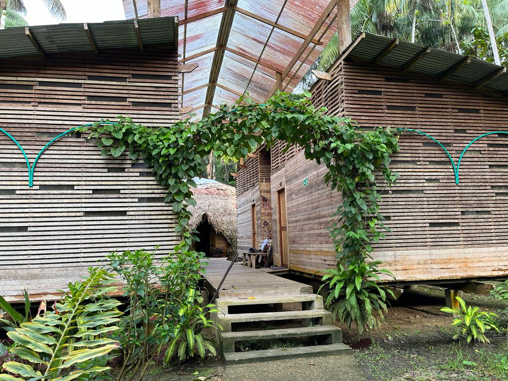 Two eco-friendly cabins are connected by a wooden walkway, surrounded by tropical vegetation. Natural materials are prominently featured in the architecture, which includes wooden slats and a thatched roof. Lush green plants accent the entrance, creating a connection with the surrounding environment.