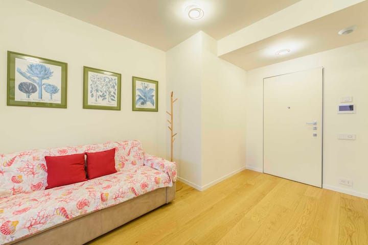 Влез во станот преку дневната соба со мала кујна. Двоен кауч на спуштање и закачалка за палта.