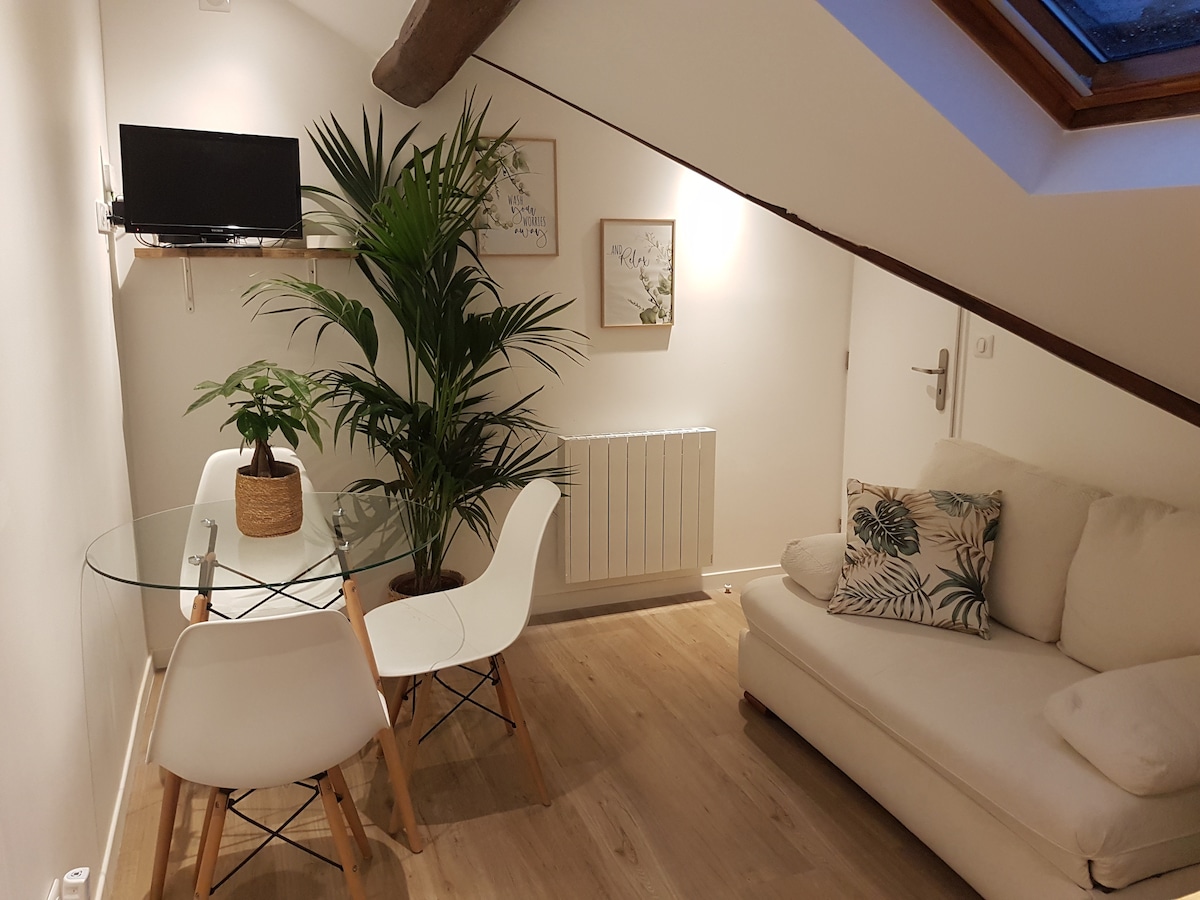 A cozy corner of the living area features a glass dining table surrounded by four white chairs. A light-colored sofa is positioned nearby, complemented by a decorative cushion. A plant sits on the table, while a small television is mounted on the wall. Natural light filters through a skylight.