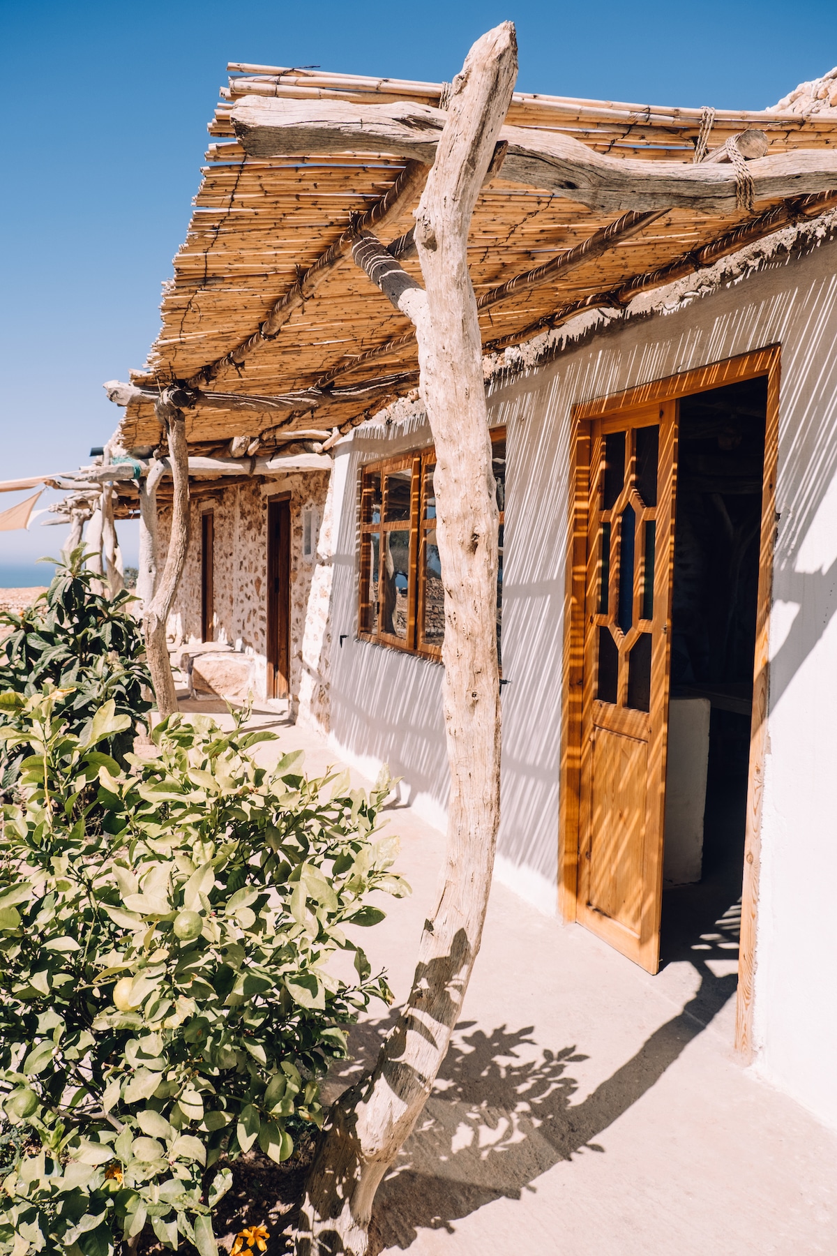 A charming Berber house is framed by natural wood elements and lush greenery. Light wooden doors open to reveal an inviting entryway. The sunlit exterior showcases a combination of textured walls and a thatched roof, blending harmoniously with the surrounding landscape and emphasizing a connection to nature.