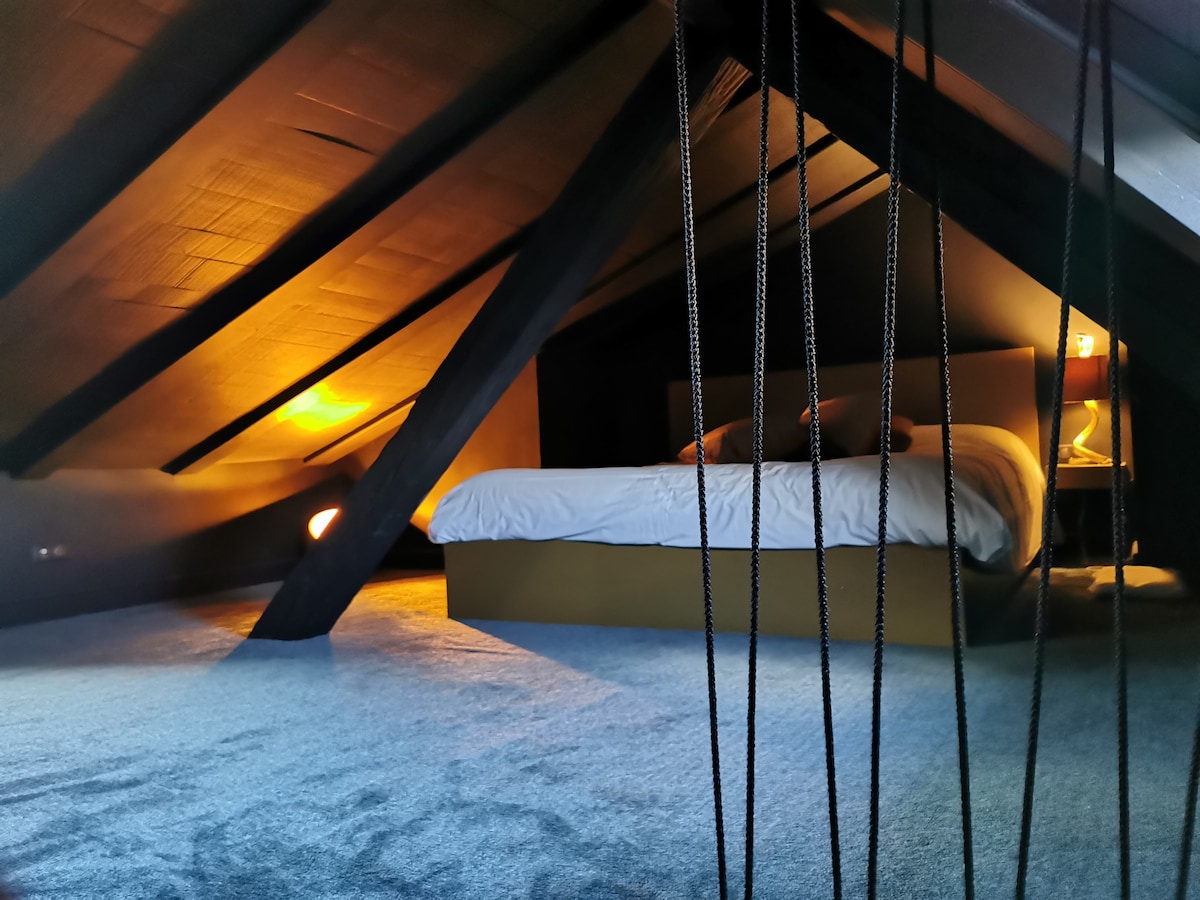 Под таванот, спалната соба е сместена во интимна и смела атмосфера. Црните ѕидови и изложените греди го извајуваат просторот, каде што не стоите исправено, но каде што дизајнот е врвен.