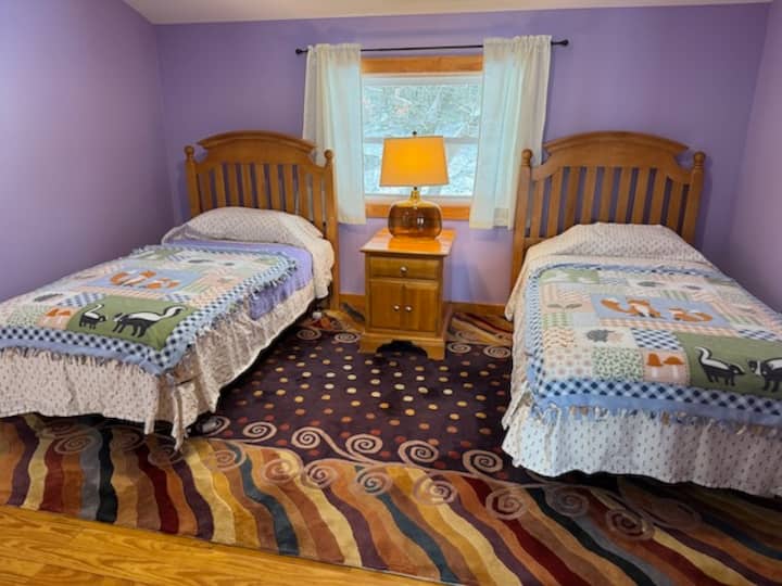 ტყუპი საწოლები იასამნისფერ საძინებელში