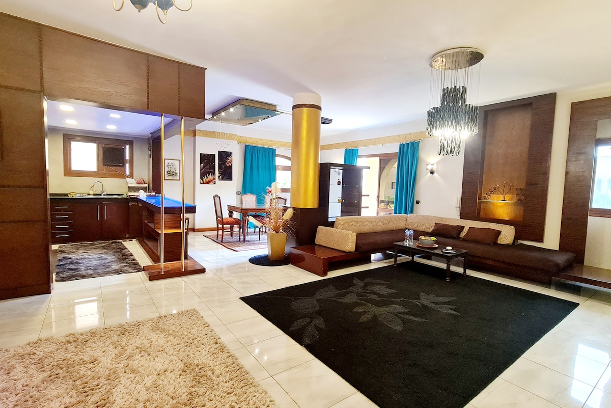 An open living space is visible, featuring a cozy seating area with a large, dark sofa and a decorative coffee table. The contemporary kitchen is accessible, complemented by wooden cabinetry. A plush area rug lies on the tiled floor, with blue curtains framing the windows.