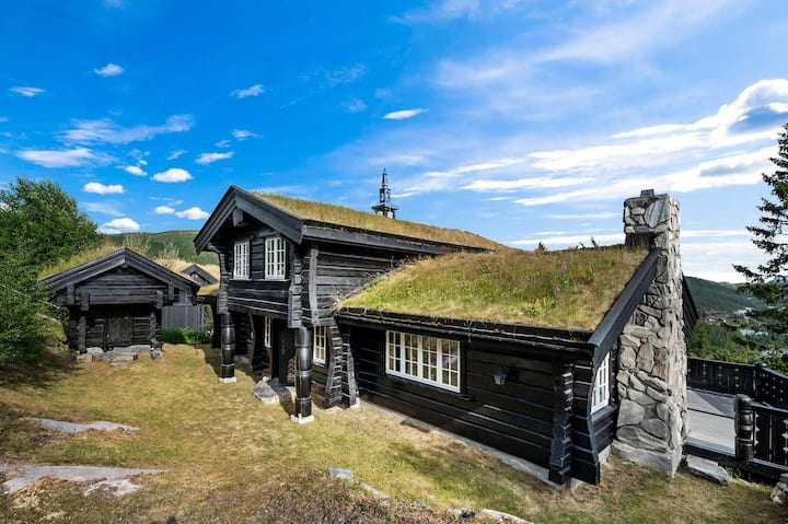 The exterior of a two-story wooden cabin is displayed, featuring a green grass-covered roof and stone chimney. Large windows allow natural light to enter, and the surrounding landscape includes well-maintained grass and trees under a clear sky.