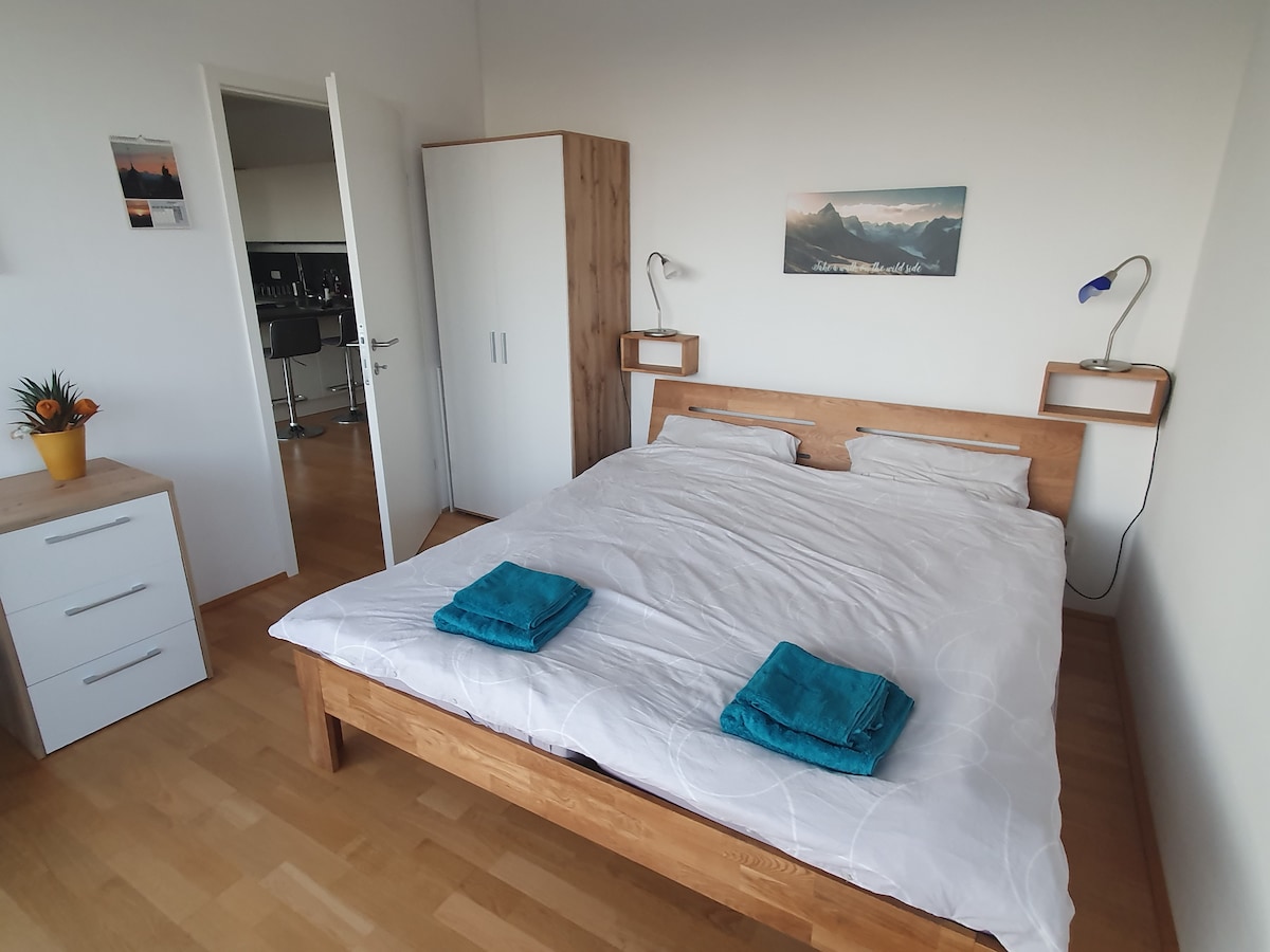 A bright room features a spacious bed dressed in white linens, flanked by stylish bedside lamps. A chest of drawers stands nearby, accompanied by a decorative plant on the top. A door leading to another area is visible in the background.