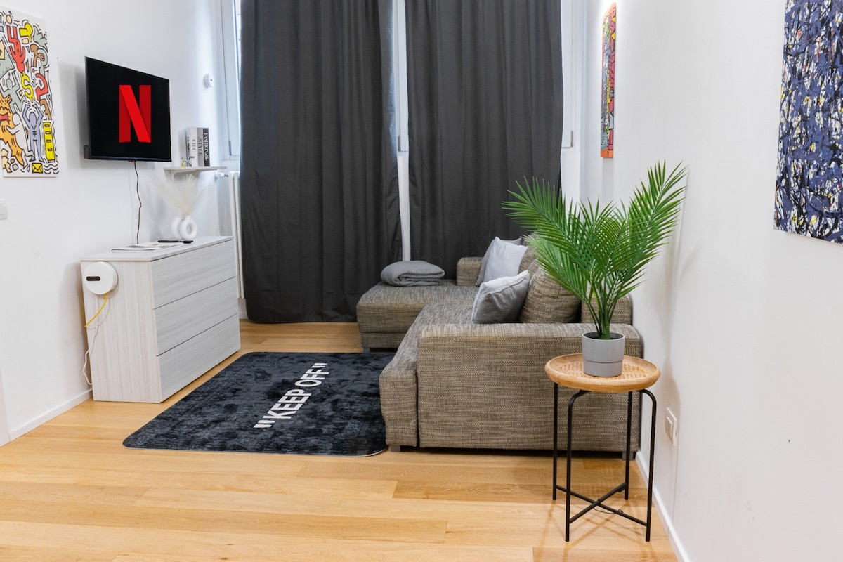A modern living area features a comfortable gray sofa and a sleek coffee table with a small plant. A large flat-screen TV is mounted on the wall, displaying the Netflix logo. Two dark curtains frame the window, and artwork adds color to the walls.