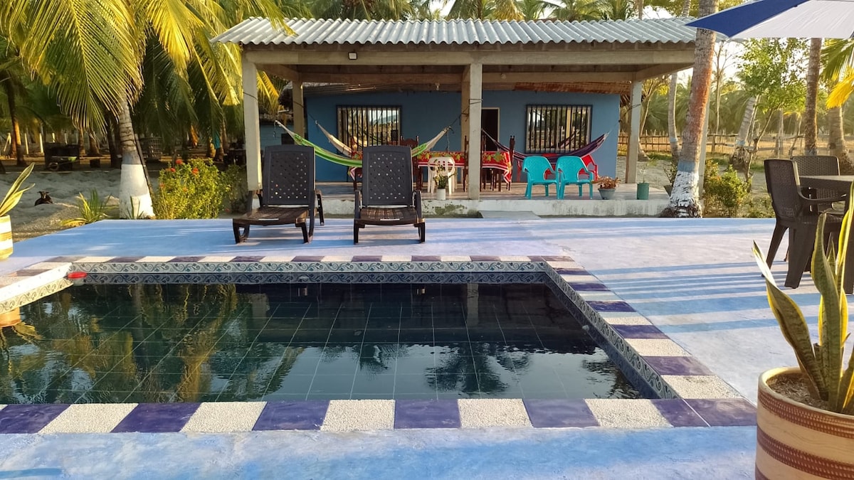 A private pool area is presented, featuring a small pool with dark tiles and a surrounding patterned border. Two lounge chairs are positioned nearby. The background includes a light blue building with large windows, framed by palm trees and a vibrant outdoor seating area.