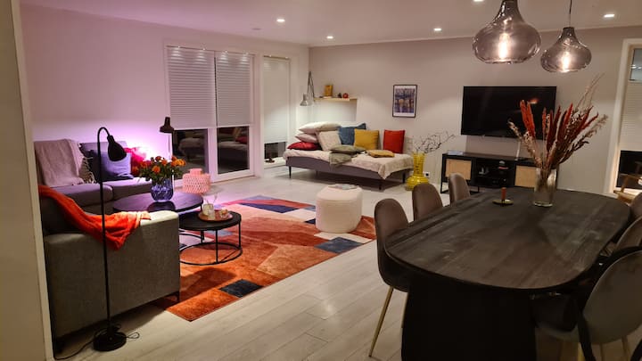 Светла и пространа дневна соба со кауч на спуштање, дневен кревет и трпезариска маса. Излезете на двете тераси од дневната соба. Подно греење и добро осветлување.