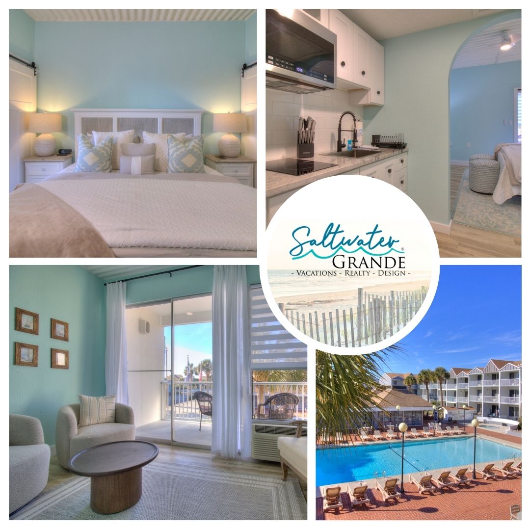The brightly colored bedroom features a spacious bed with decorative pillows, complemented by light walls. An efficiency kitchen offers modern appliances including a microwave. The living area includes a comfortable seating arrangement. A view of the outdoor pool is framed by large windows, showcasing the inviting space.