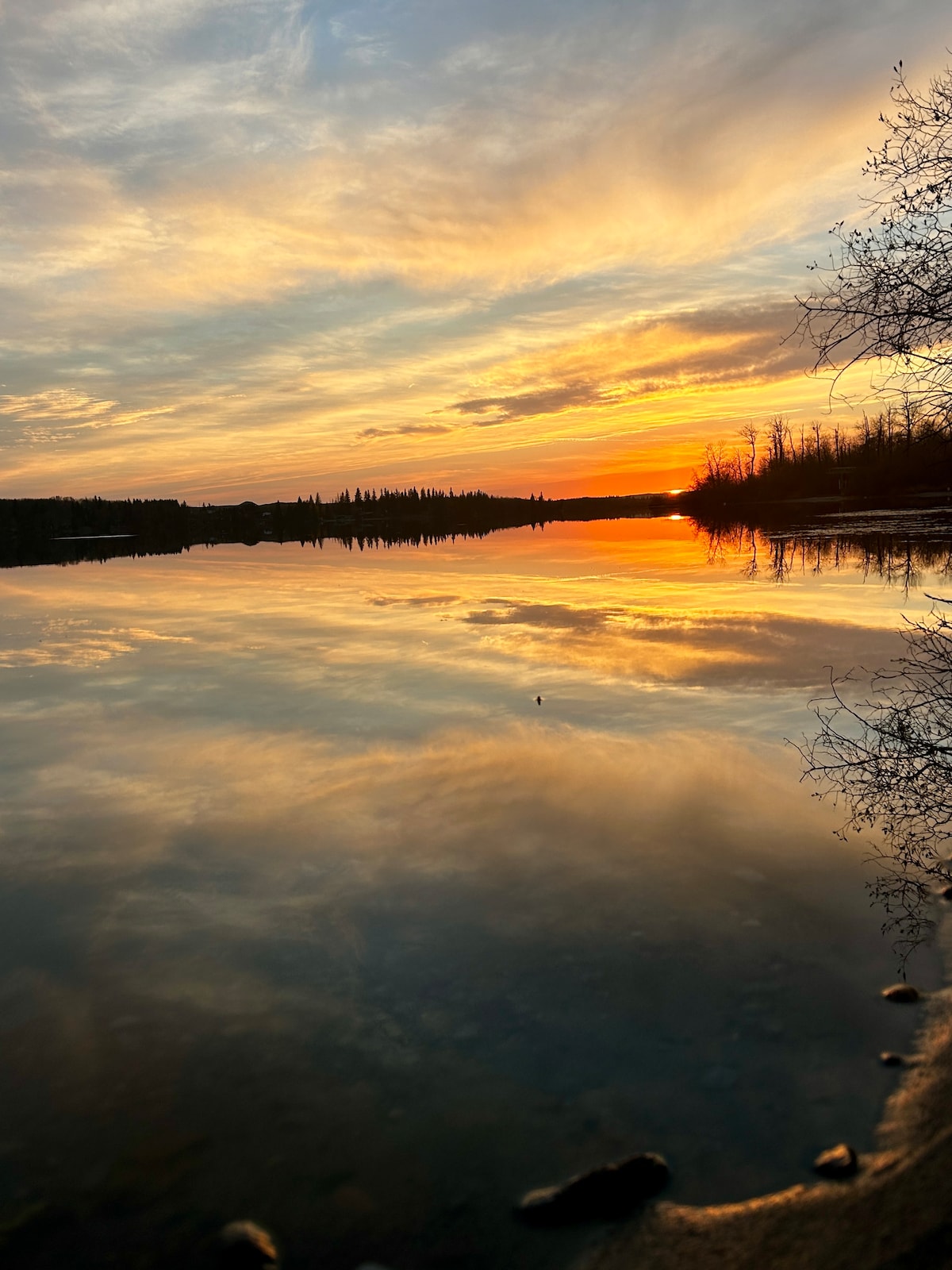 The image captures a serene lake at sunset, with vibrant colors reflecting off the still water. Silhouettes of trees line the horizon, and soft clouds create an atmospheric sky, all enhanced by the warm glow of the setting sun.