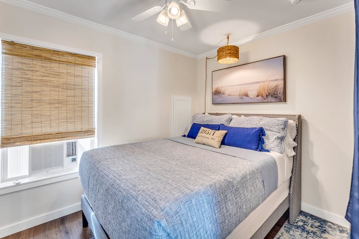 Crisp linens and plush queen size memory foam mattress and pillows ensure a restful night.