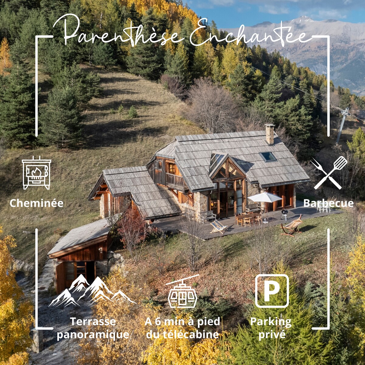 The traditional chalet features a sloped roof and wooden exterior, surrounded by trees in a mountainous landscape. A spacious terrace is visible, equipped with a barbecue. The location offers proximity to a ski lift and includes private parking.