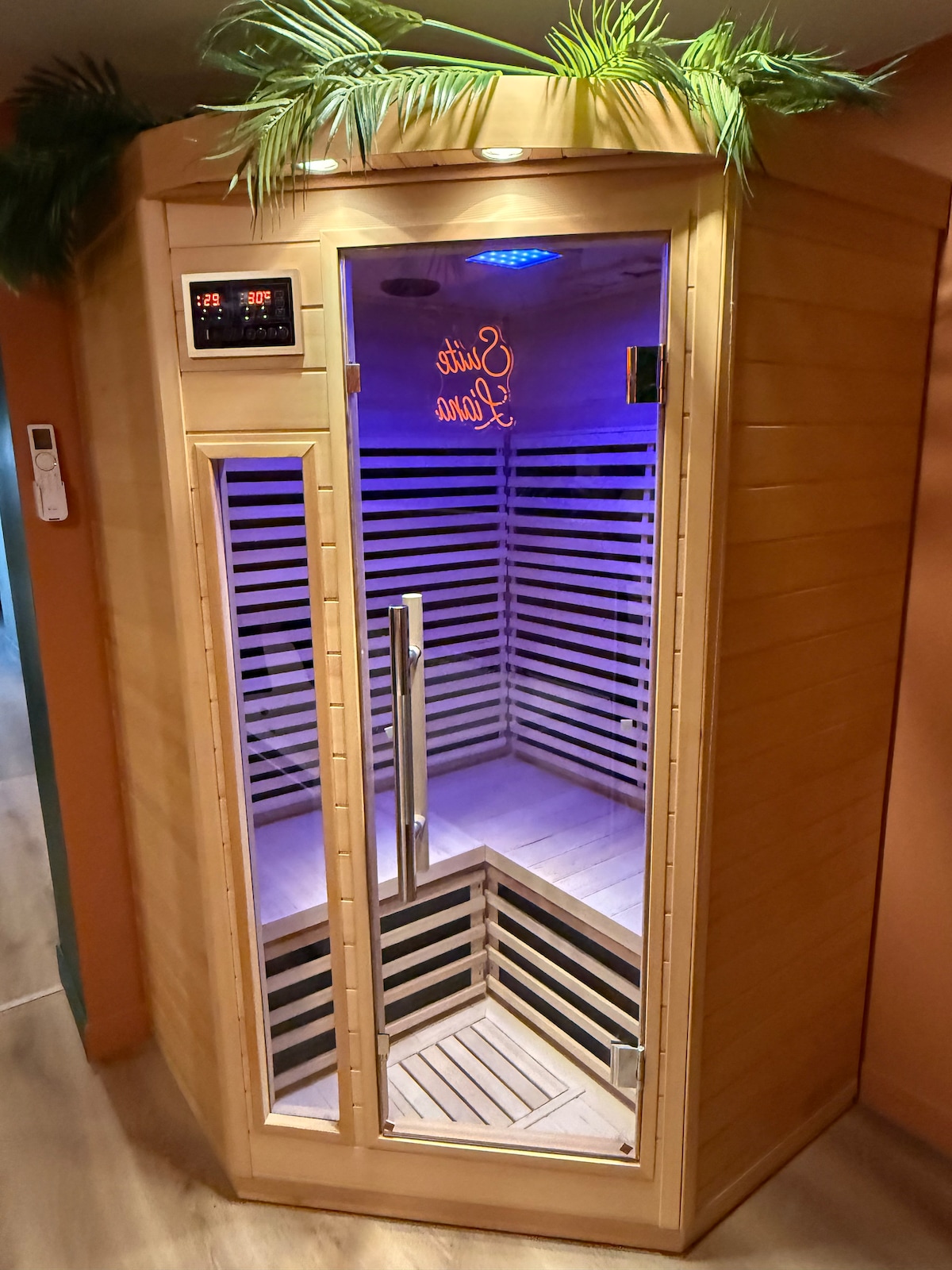 A wooden sauna is enclosed with clear, reflective glass doors. Inside, horizontal wooden slats create a relaxing atmosphere, complemented by soft blue lighting along the ceiling. Lush green plant decorations are placed on top, enhancing the tranquil environment designed for relaxation.